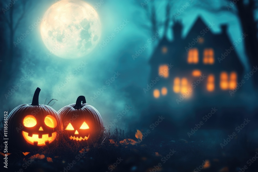 Glowing Pumpkins and Haunted House A Spooky Halloween Night Glowing Pumpkins and Haunted House A Spooky Halloween Night