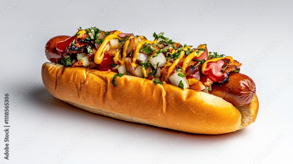 Classic hot dog with vibrant toppings on soft golden bun creating a nostalgic culinary experience Classic hot dog with vibrant toppings on soft golden bun creating a nostalgic culinary experience