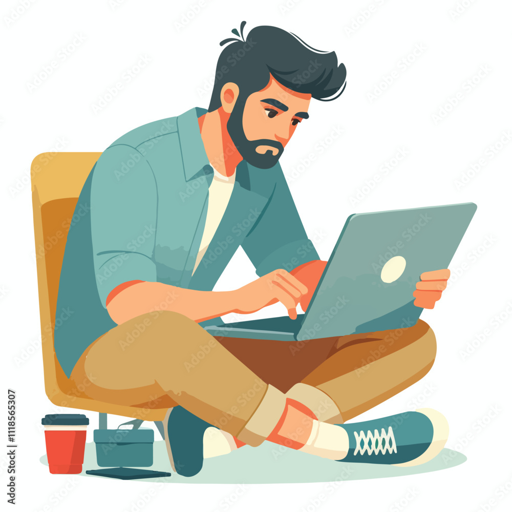 a boy is using his laptop vector a boy is using his laptop vector