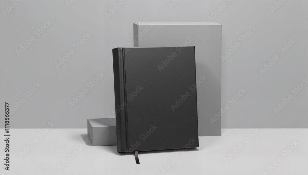 Isolated black book mockup on gray background with minimalistic design and copy space Isolated black book mockup on gray background with minimalistic design and copy space
