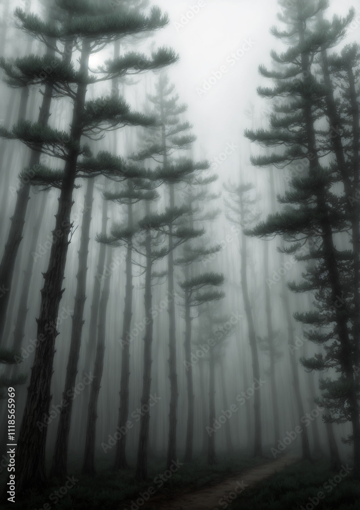 Fototapeta premium Eerie trees lined up straight on a clean, ordered path with liminal vibes