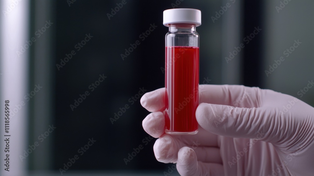 A hand in a glove holds a small vial filled with bright red liquid, likely a sample for medical or laboratory use.