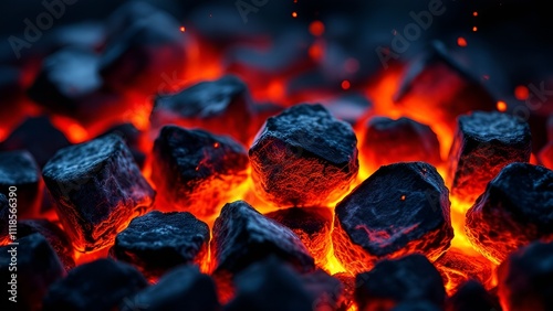 Burning wood coals with glowing and flaming hot charcoal briquettes, close-up orange, black, red texture for Halloween background. Abstract horror fire, ash, night October BBQ barbecue party banner photo