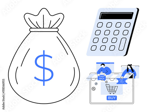 Money bag with dollar symbol, calculator, and digital shopping interface with discount and cashback notifications. Ideal for finance, e-commerce, savings, budget management, online shopping, digital
