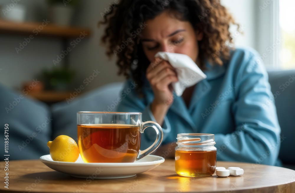 custom made wallpaper toronto digitalTreatment of colds. Lemon tea and cold and flu medicine. A woman blows her nose and sneezes.