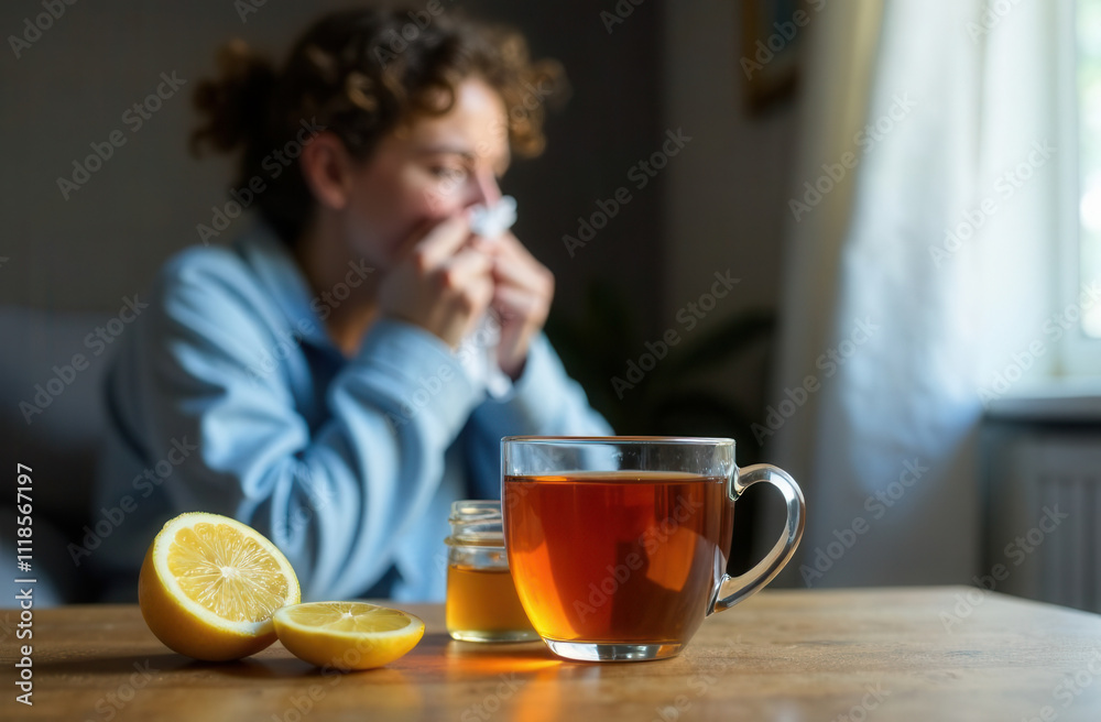 Treatment of colds. Lemon tea and cold and flu medicine. A woman blows her nose and sneezes.