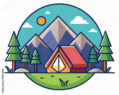 Illustration vectorielle d'icône de camping dans un style de ligne fine tente touristique dans la forêt
