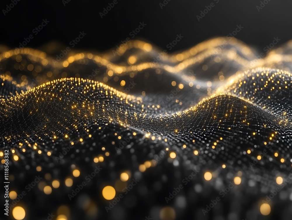 Golden Lights Flowing Over Dark Wavy Surface Golden Lights Flowing Over Dark Wavy Surface