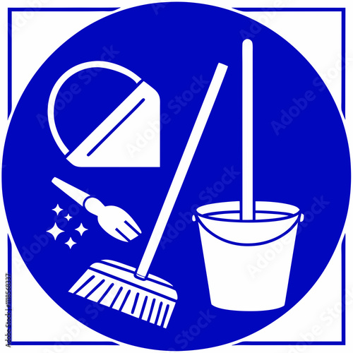 A simple illustration of a red bucket with cleaning tools and a soda cup