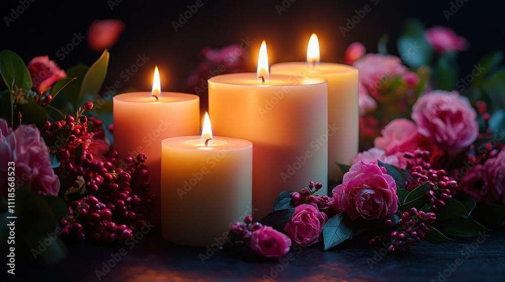 Warm glowing candles surrounded by vibrant roses and foliage create a tranquil atmosphere in a dimly lit setting Warm glowing candles surrounded by vibrant roses and foliage create a tranquil atmosphere in a dimly lit setting