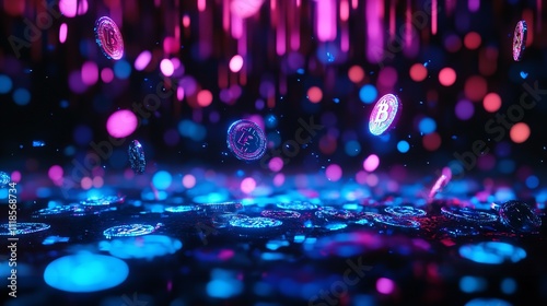 Falling bitcoins with blue and pink light on dark background

 photo