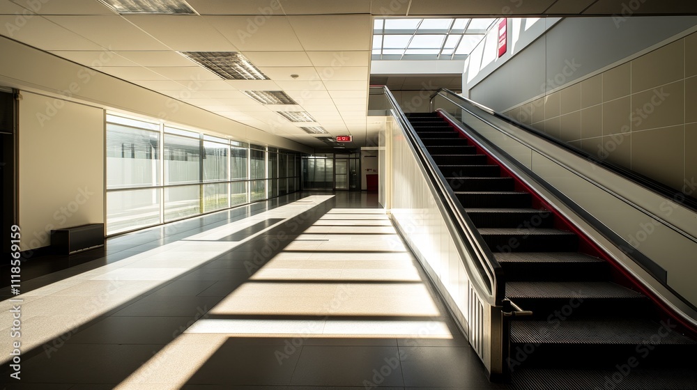 Obraz premium A modern corridor with natural light and a staircase, emphasizing architectural design and space.