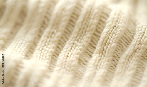 Close-up of textured, cream-colored knitted fabric.