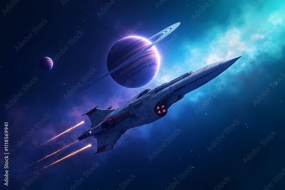 custom made wallpaper toronto digitalA futuristic spaceship floating in outer space against the backdrop of planets and nebulae  