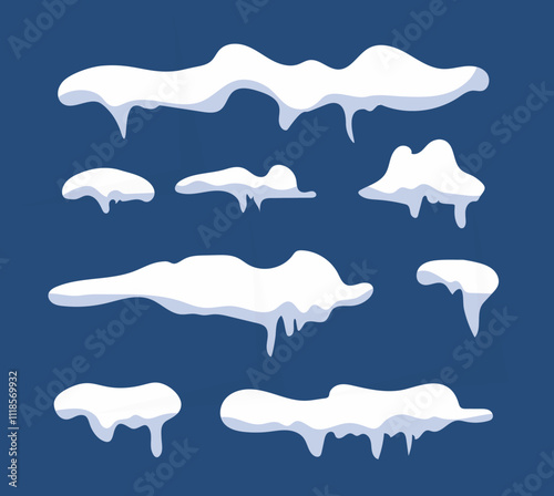 Set of snow caps and snowballs, winter decoration snowy elements. Christmas cartoon design. Vector illustration.