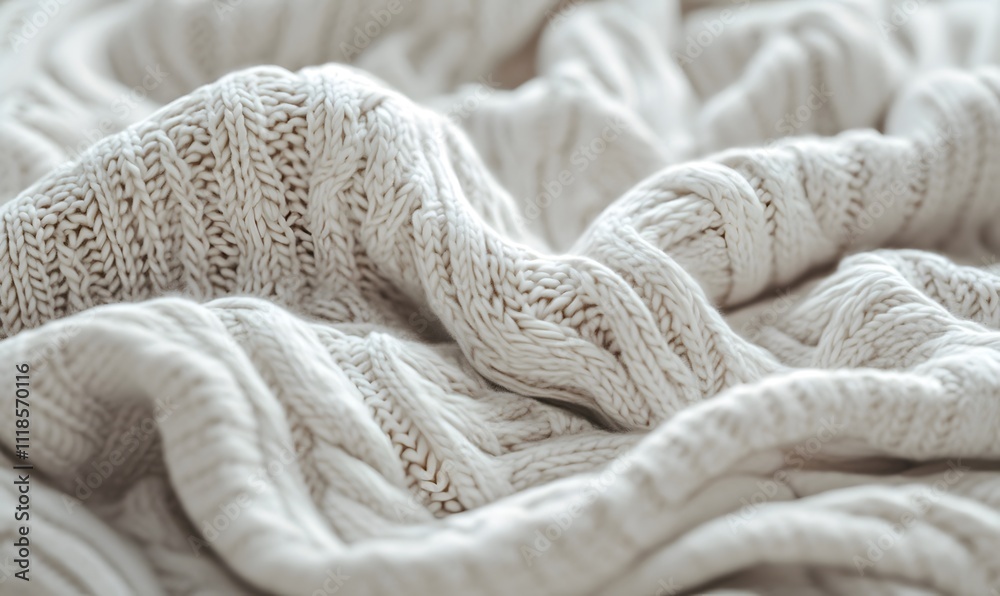 Close-up of textured, cream-colored knit fabric with soft folds and wrinkles.