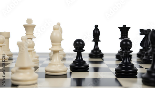 Close-Up of Black and White Chess Pieces Mid-Game, Isolated on White Background photo