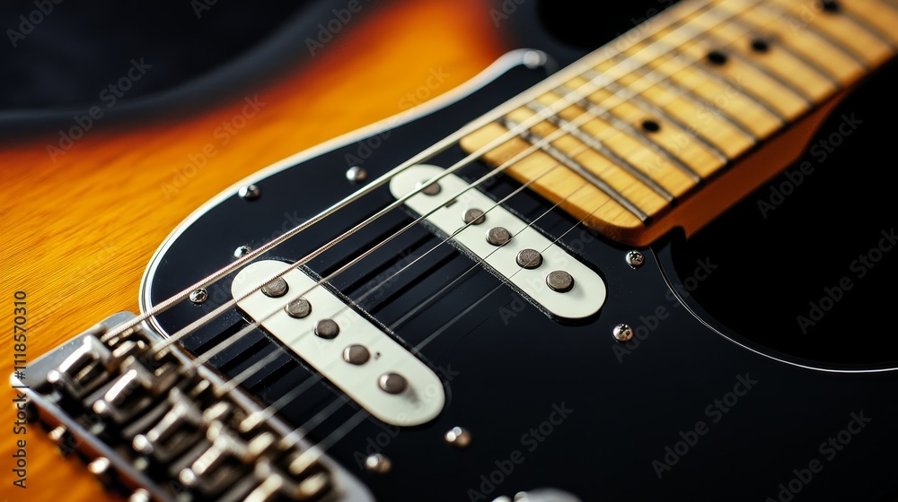 Close-up of an electric guitar showcasing its body, neck, and pickups for music enthusiasts. Close-up of an electric guitar showcasing its body, neck, and pickups for music enthusiasts.