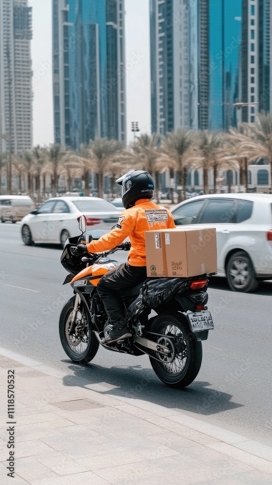 An orange-clad food delivery person rides a motorbike through the bustling streets of Dubai, skillfully maneuvering between cars while carrying a delivery box An orange-clad food delivery person rides a motorbike through the bustling streets of Dubai, skillfully maneuvering between cars while carrying a delivery box