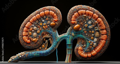 Hyperdetailed 3D organ model of kidneys showing their beanshaped structure renal cortex and medulla photo