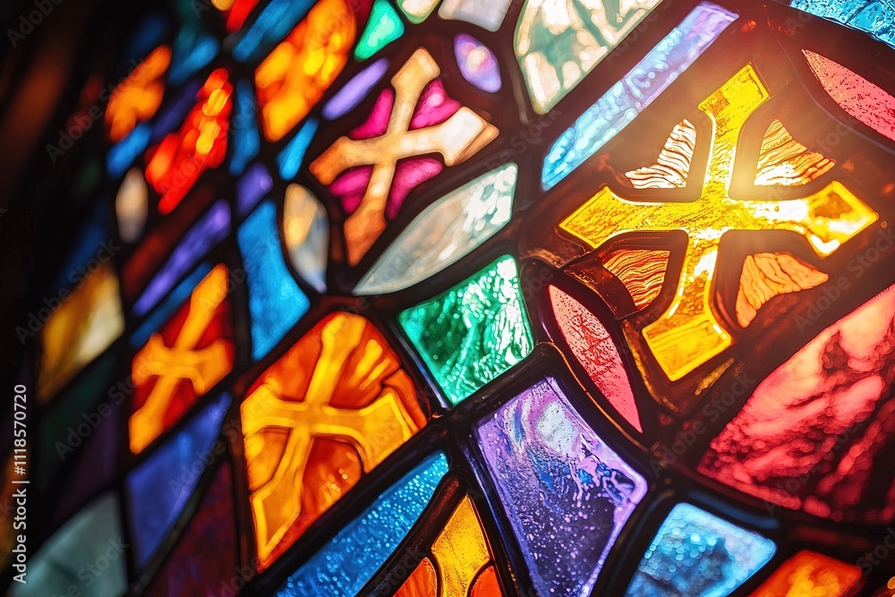 Obraz premium Photo of a stained glass window in close-up, brightly lit by natural sunlight, focusing on the vivid colors and Christian symbols for a vibrant and uplifting image