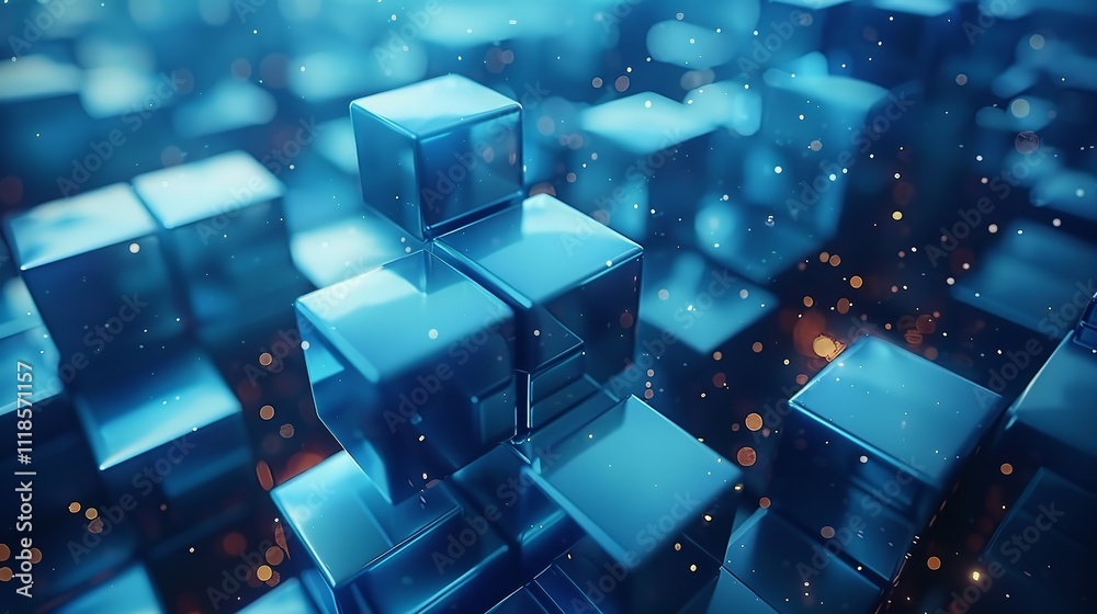 Blue, Glossy Cubes Precisely Constructed to create a Innovative Tech Background. 3D Render. Blue, Glossy Cubes Precisely Constructed to create a Innovative Tech Background. 3D Render.