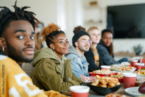 Friends watching Super Bowl football game eating snacks together at home