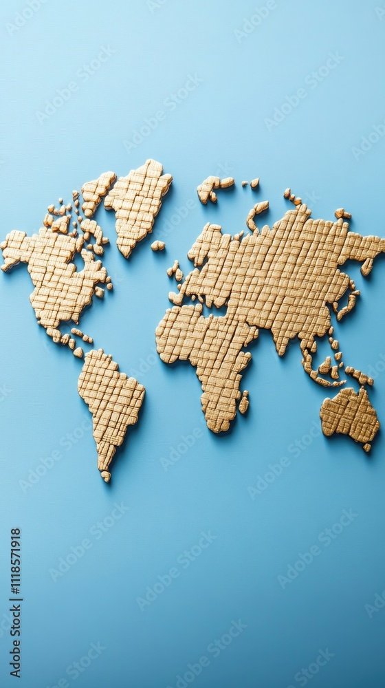 Golden World Map on a Light Blue Background Golden World Map on a Light Blue Background