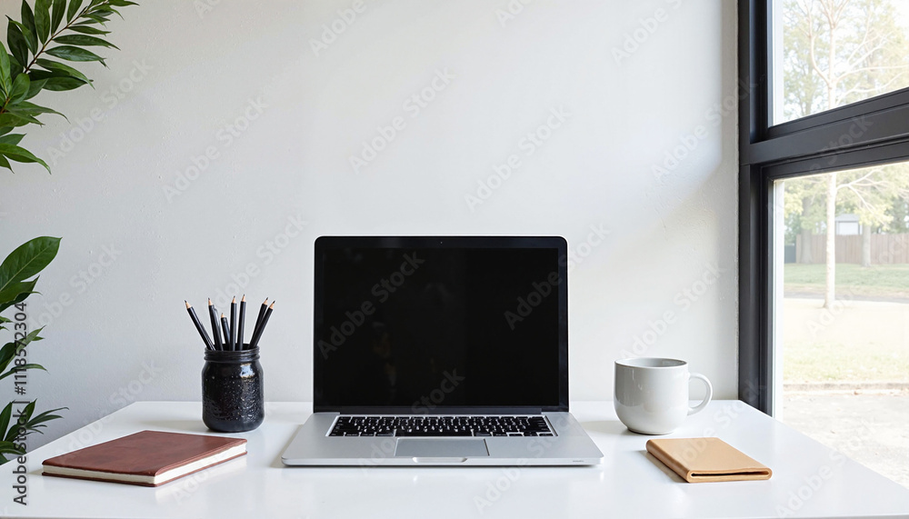 Laptop and office supplies on desk near large window Laptop and office supplies on desk near large window