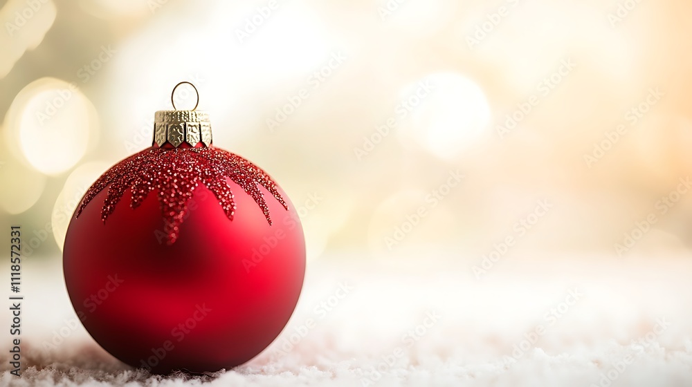 Festive Red Christmas Ornament on Snow Winter Holiday Decoration Festive Red Christmas Ornament on Snow Winter Holiday Decoration