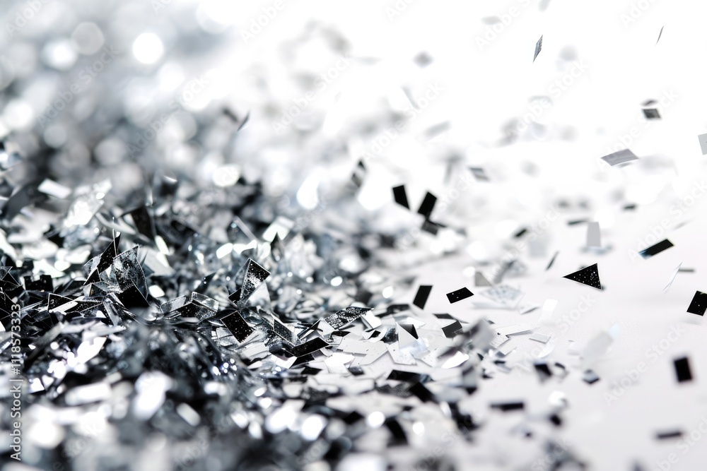 Shimmering Silver Confetti: Festive Holiday Decoration on White Background Shimmering Silver Confetti: Festive Holiday Decoration on White Background