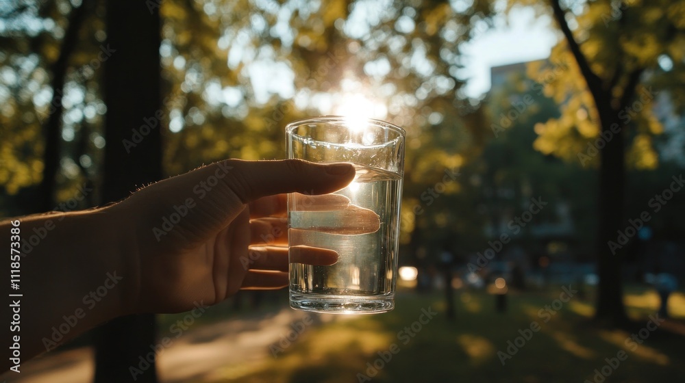 Hand holding glass of water outdoors in sunlight. Hand holding glass of water outdoors in sunlight.