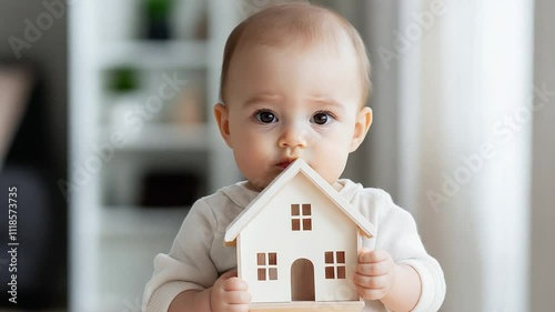A curious infant examines a wooden house toy in a bright room, standing in a new home, showcasing concept of family housing and real estate investment