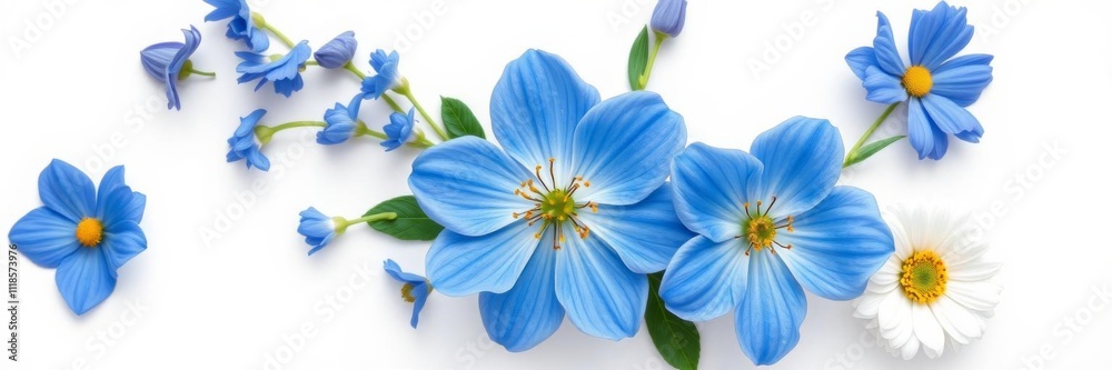 Fototapeta premium A white wooden frame with a vibrant blue flower at the center, perfect for adding a touch of elegance to any design project, design, blue flower, spring