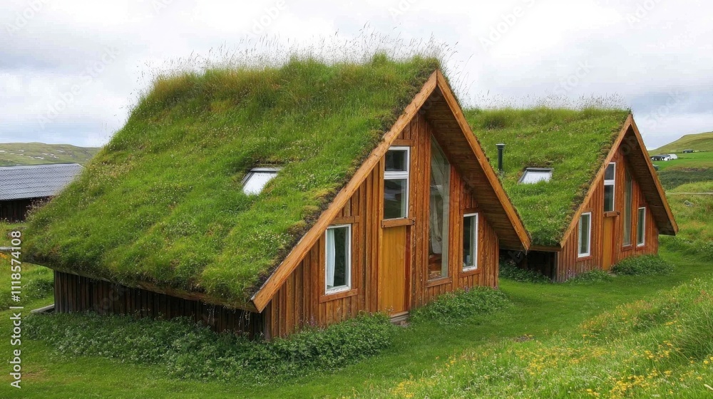 Two charming wooden cabins boast verdant grass roofs Two charming wooden cabins boast verdant grass roofs