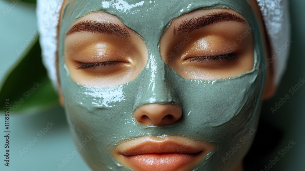 Spa treatment with green clay mask applied on a woman's face during a relaxing skincare session in a serene environment Spa treatment with green clay mask applied on a woman's face during a relaxing skincare session in a serene environment