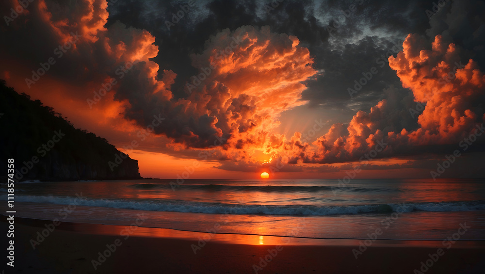 Dramatic sunset over the ocean with vibrant clouds, glowing reflections, and silhouetted rocky cliffs Dramatic sunset over the ocean with vibrant clouds, glowing reflections, and silhouetted rocky cliffs