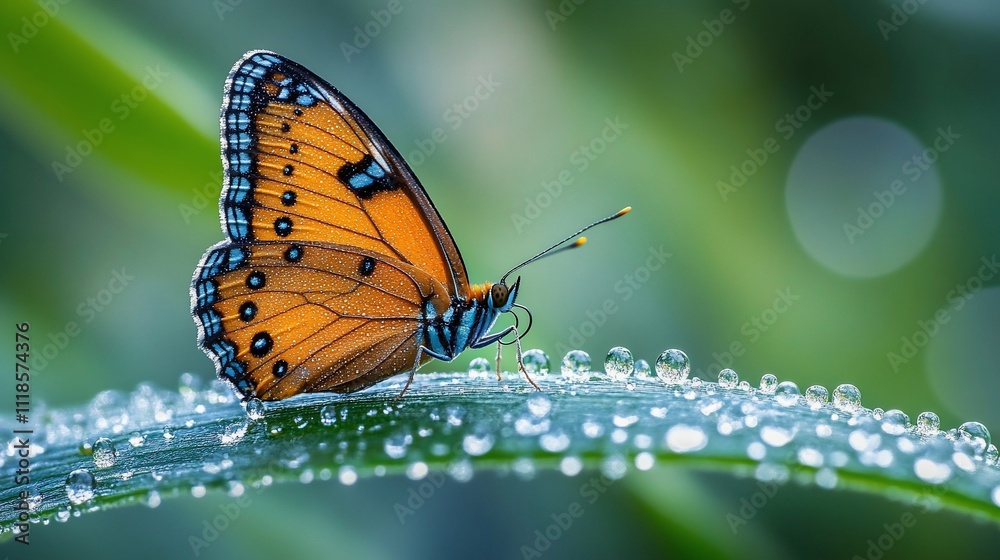 Fototapeta premium Orange butterfly on dew-covered leaf.