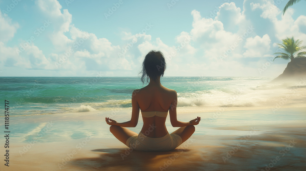 Back view of unrecognizable woman enjoying yoga on the beach - Generative AI Back view of unrecognizable woman enjoying yoga on the beach - Generative AI