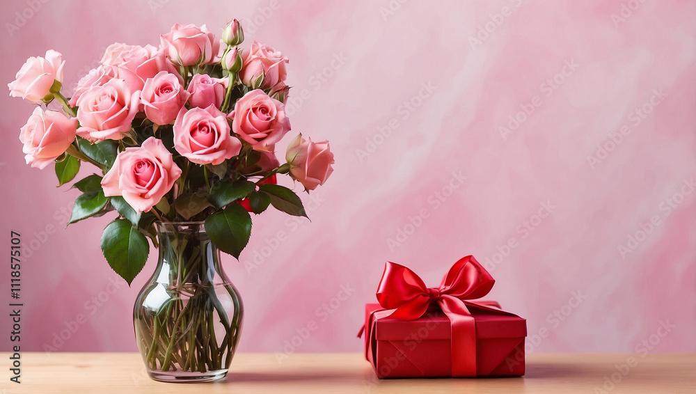 Pink roses in vase and gift box with satin bow on pastel pink wall background Pink roses in vase and gift box with satin bow on pastel pink wall background