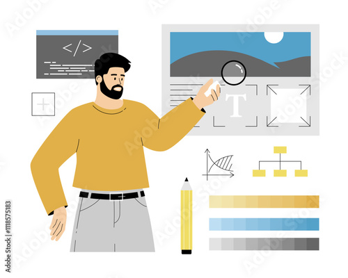 Web Design and digital graphic concept. Designer develop new project, create website layout, building web interface. Vector illustration on isolated white background.	
