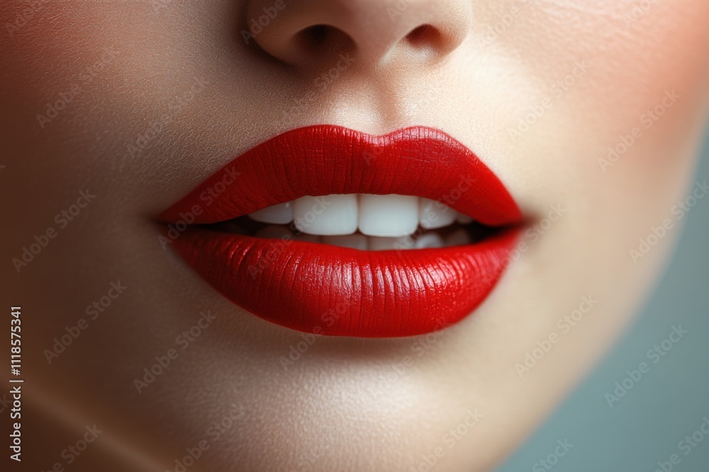 Obraz premium Close-up view of a perfectly made-up mouth showcasing vibrant red lips and bright white teeth in a softly lit area