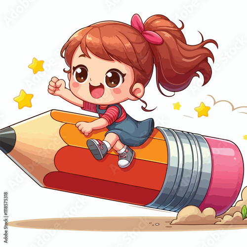 a girl is riding on a pencil vector