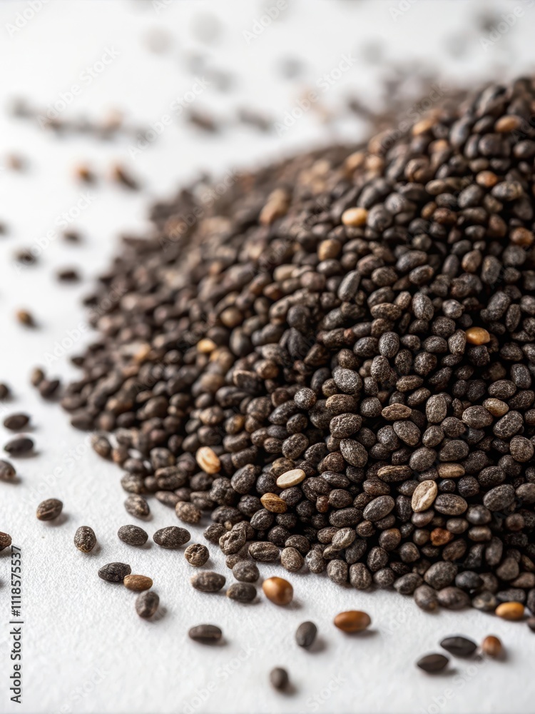 Close-up of Chia Seeds Piled on Surface with Loose Seeds Close-up of Chia Seeds Piled on Surface with Loose Seeds