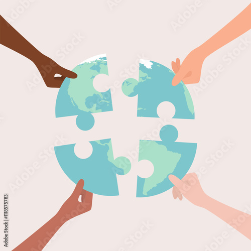 Hands of people of different nationalities putting together Earth globe puzzle pieces