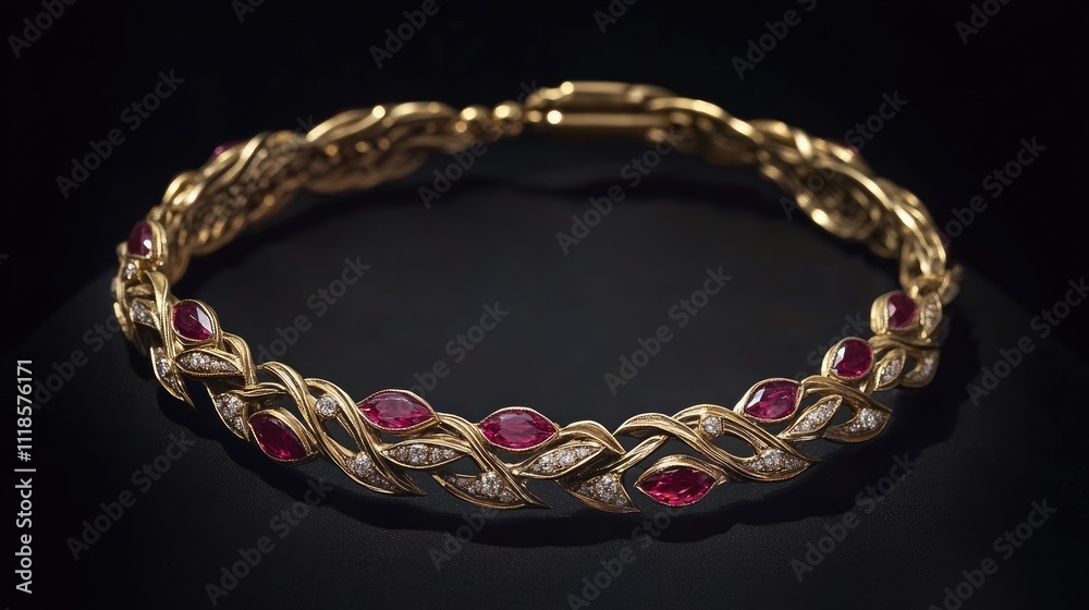 Fototapeta premium Intricate Gold Bracelet with Ruby and Diamond Accents on Dark Background