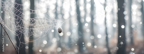 A close-up of a spider web in the forest, with blurred trees and bokeh effects creating a mysterious atmosphere