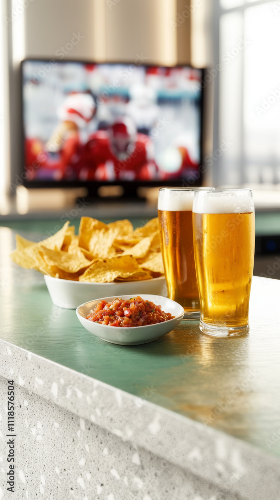 Super Bowl game party, glass of beer and plate of chips with salsa next to television screen Super Bowl game party, glass of beer and plate of chips with salsa next to television screen