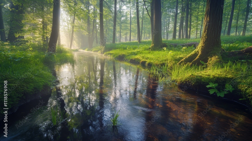 Obraz premium A serene forest scene with a gentle stream reflecting sunlight through trees.