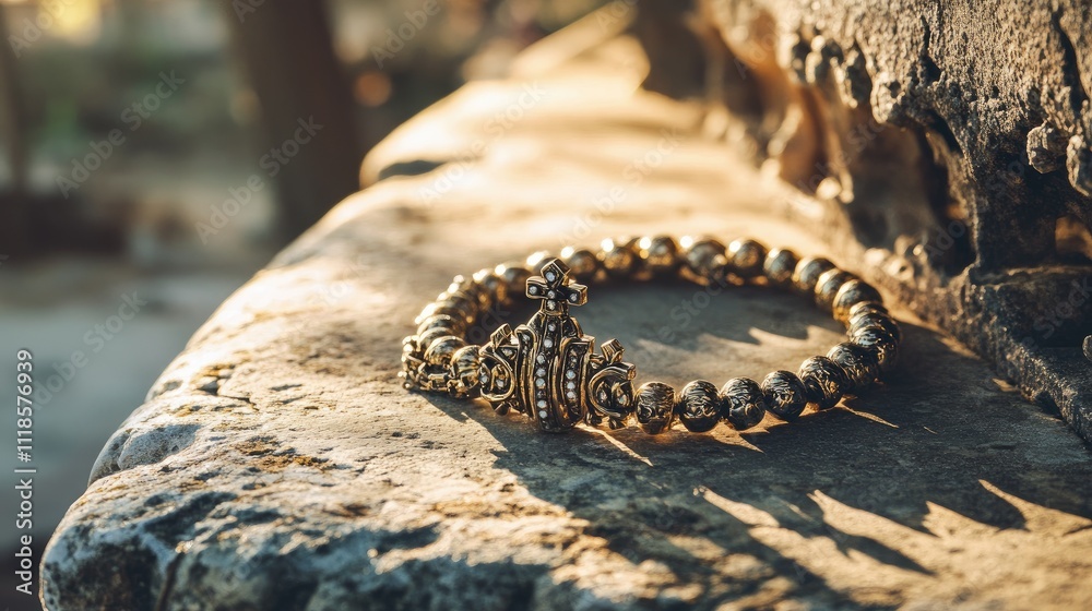 Fototapeta premium Elegant Gold and Silver Bracelet on Rustic Stone Surface at Sunset